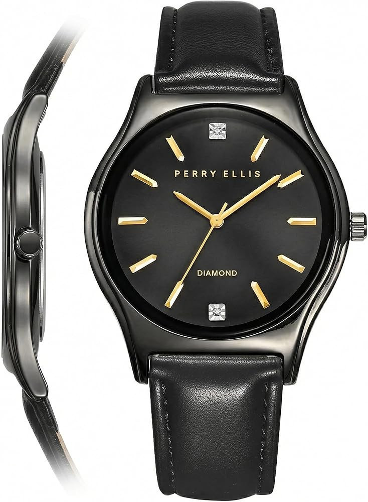 Perry Ellis Ultra Slim Diamond Men’s Watch – Blue Sunray Dial, Silver Leather Strap, Water-Re... | Amazon (US)