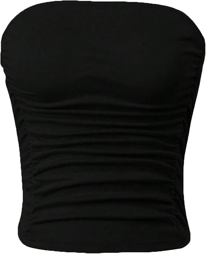 SOLY HUX Women's Ruched Tube Crop Top Sleeveless Strapless Solid Bandeau Tops | Amazon (US)