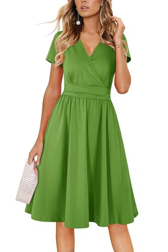 Newshows Womens Summer Dresses 2025 Army Green Dress Short Sleeve V-Neck Faux Wrap Casual Beach Sun Dress with Pockets(Army Green,Small) | Amazon (US)