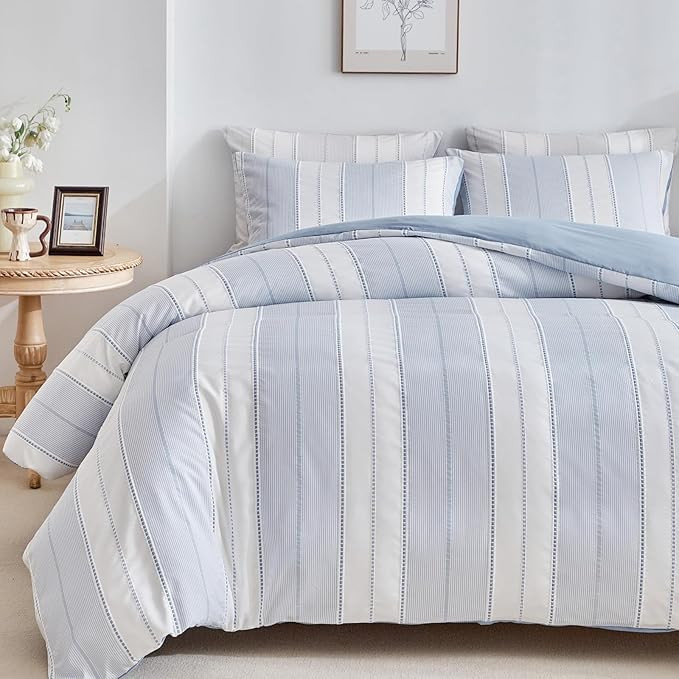 WARMDERN Blue Striped Weave Duvet Cover Queen Size, White Knit Boho Duvet Cover Set, Microfiber T... | Amazon (US)
