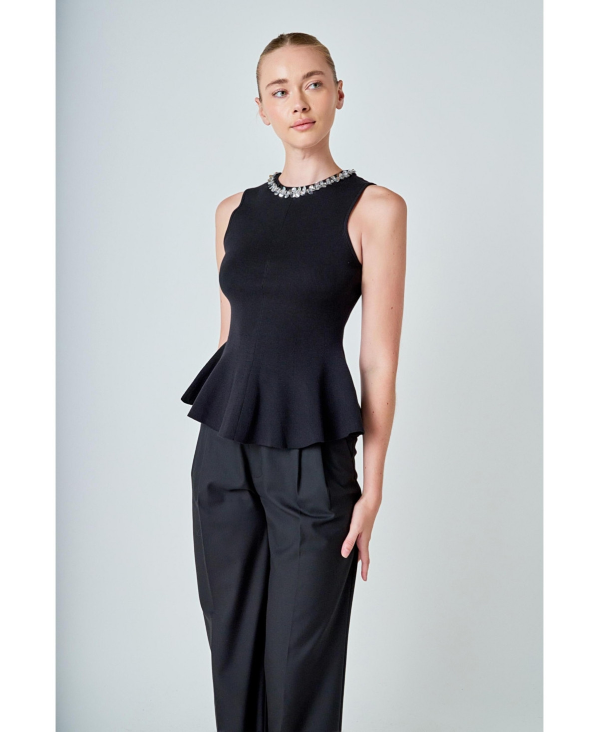 endless rose Women's Jewel Trim Peplum Top - Black | Macy's