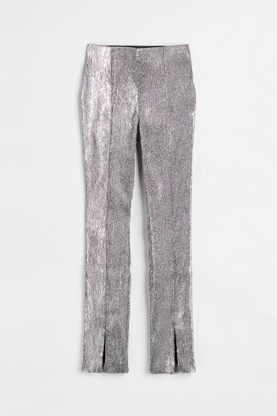 Glittery slit-hem trousers - Silver-coloured/Glittery - Ladies | H&M GB | H&M (UK, MY, IN, SG, PH, TW, HK)