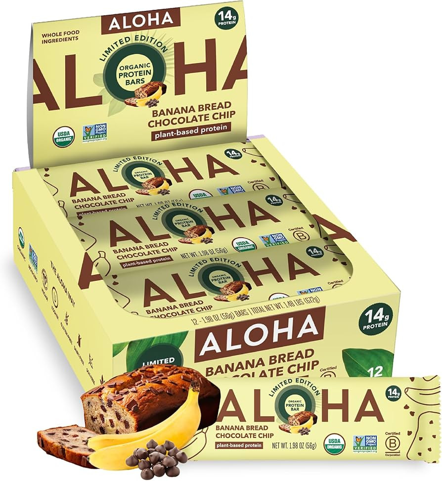 ALOHA Organic Plant Based Protein Bars - Banana Bread Chocolate Chip - 12 Count, 1.9oz Bars - Veg... | Amazon (US)