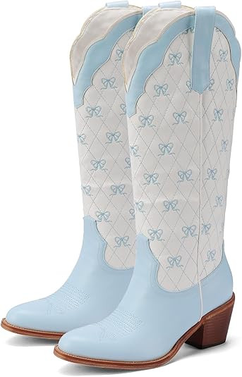 Wide Calf Cowboy Boots With Cute Bow Embroidery Casual Knee High Cowgirl Boots For Women Chunky H... | Amazon (US)