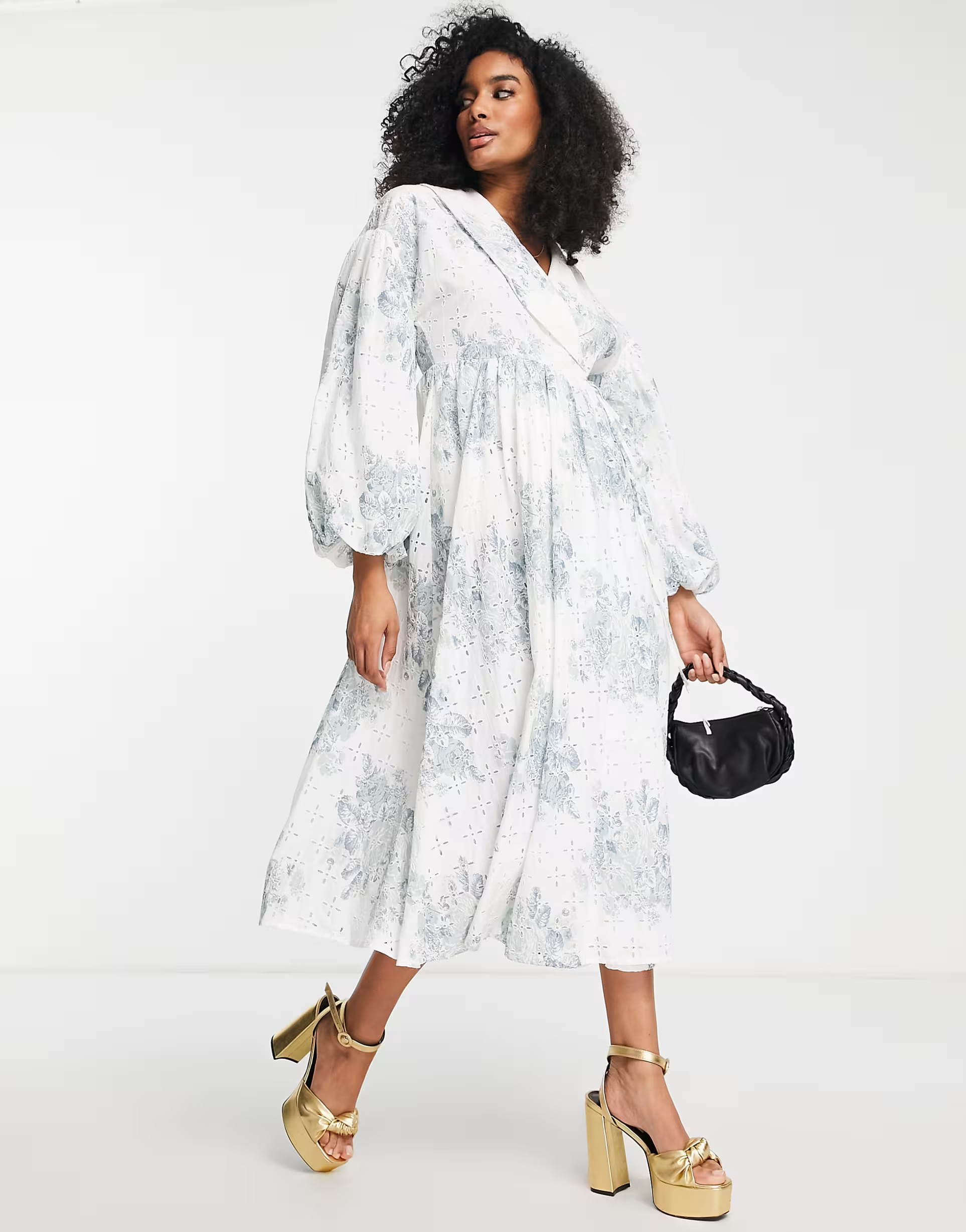 ASOS EDITION wrap smock printed broderie midi dress with collar in white | ASOS (Global)
