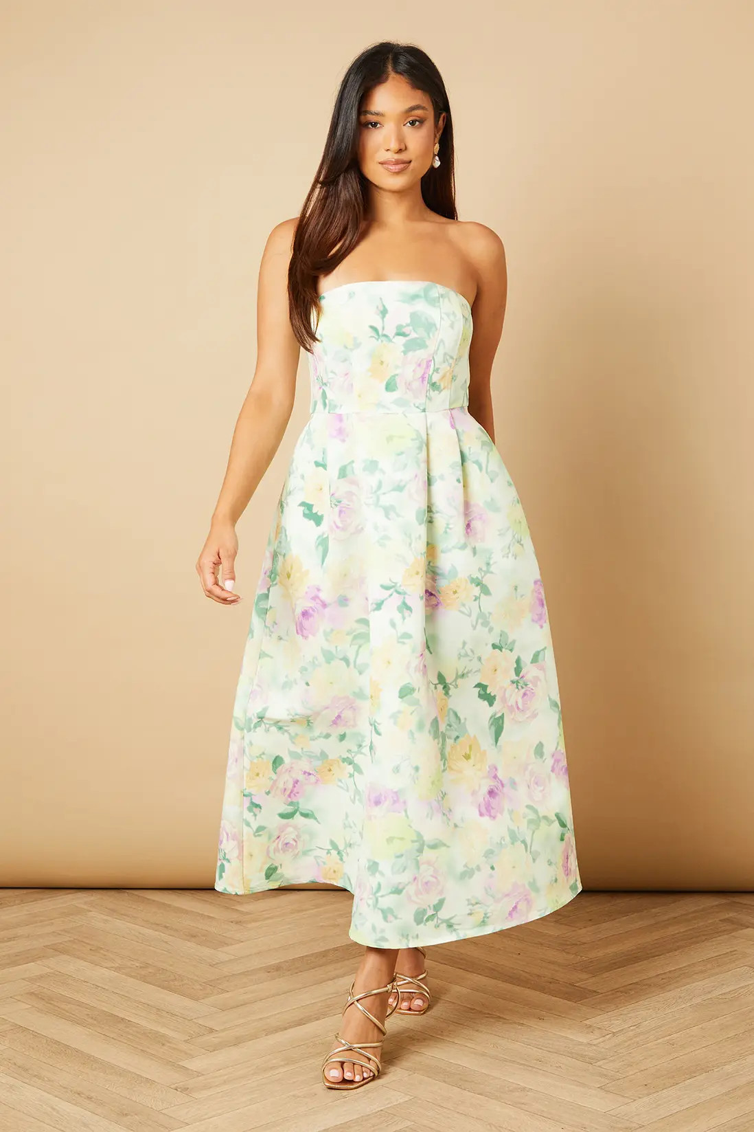 Lilac Oasis Petite Occasion Floral Twill Strapless Mini Dress | Boohoo | Boohoo.com (UK & IE)