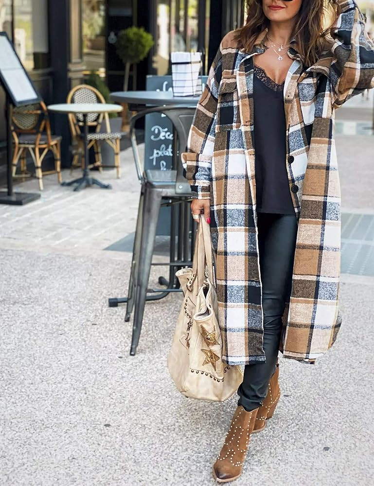 Uaneo Womens Casual Plaid Button Down Long Puff Sleeve Long Trench Coats Shackets | Amazon (US)
