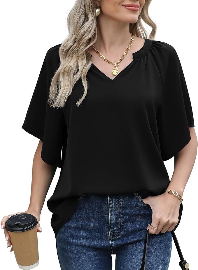 Jouica Womens Chiffon Blouses Casual Flowy Bell Sleeve Shirt Loose V Neck Pleated Tunic Tops | Amazon (US)