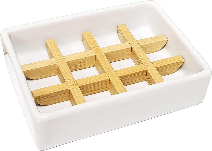 Bamboo Soap Dish Ceramic Bar Soap Holder for Shower Soap Dishes for Bathroom,Kitchen,Spong, Woode... | Amazon (US)