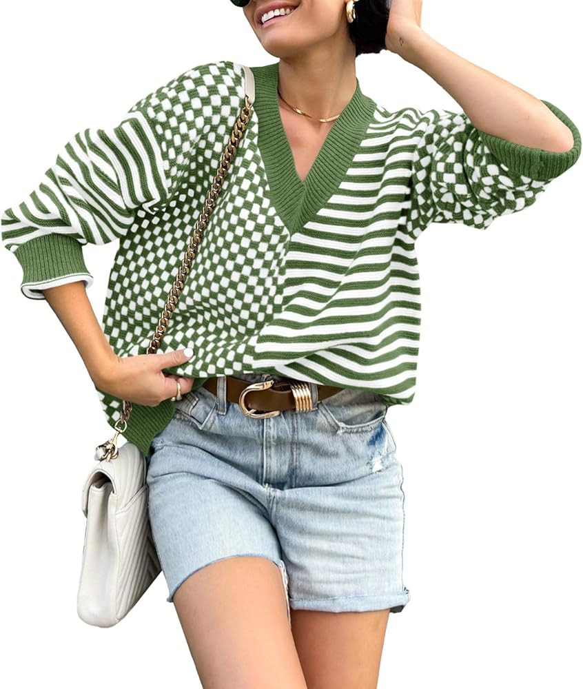 Saodimallsu Womens Checkered Striped Sweater V Neck Long Sleeve 2024 Fall Trendy Loose Knit Cozy ... | Amazon (US)