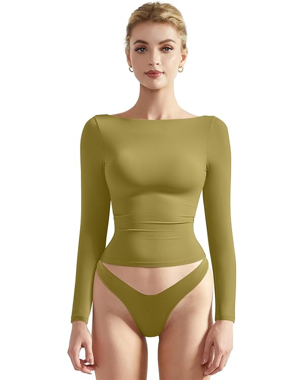 SUUKSESS Women Crew Neck Long Sleeve T Shirts Double Lined Tight Fitted Crop Top | Amazon (US)