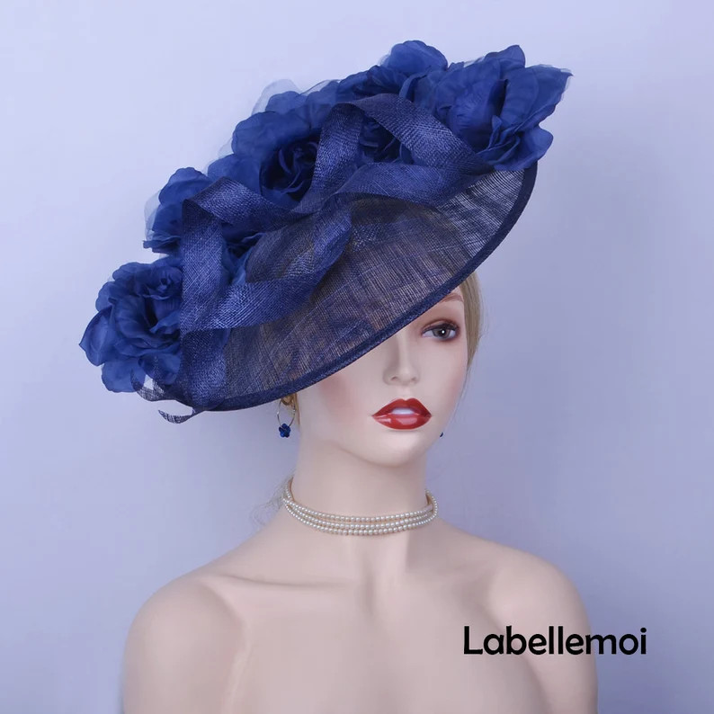 Dark Navy blue sinamay fascinator hat Big saucer hatinator with silk flower,ideal for Kentucky de... | Etsy (US)