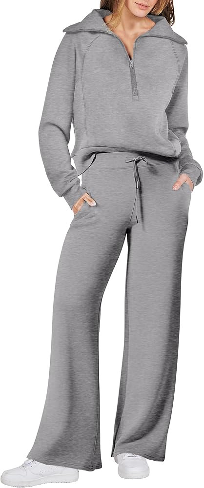 ANRABESS Women 2 Piece Outfits Sweatsuit Set 2023 Fall Oversized Half Zip Sweatshirt Wide Leg Swe... | Amazon (US)