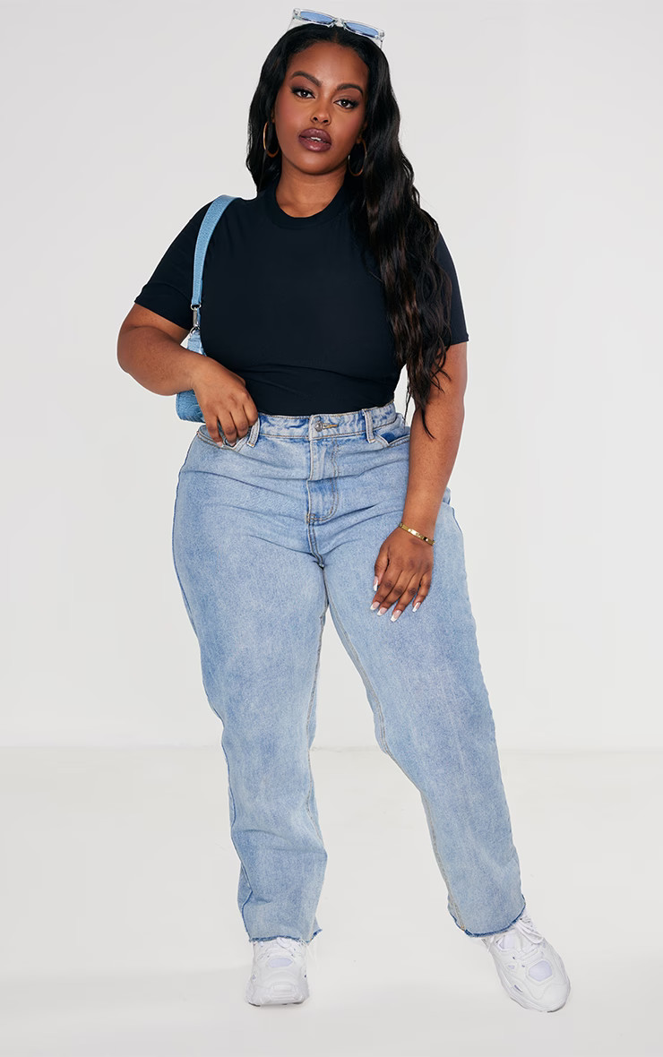 Plus Black High Neck Soft Touch Cap Sleeve Bodysuit | PrettyLittleThing US