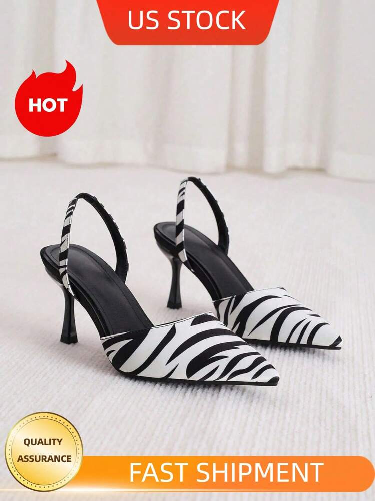 Ladies" Satin Zebra Print High Heels Sexy Pointed Toe Elegant Kitten Heel Sandals For Parties Fas... | SHEIN