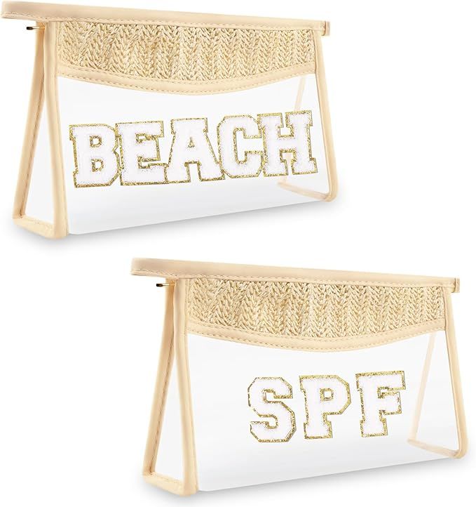 2 Pcs Boho Straw Clear Makeup Letter Bag BEACH Pouch, Sunscreen Bags for Beach Travel Small Cute ... | Amazon (US)