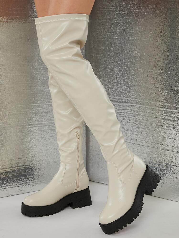 Vegan Leather Knee-High Lug Platform Boots | SHEIN