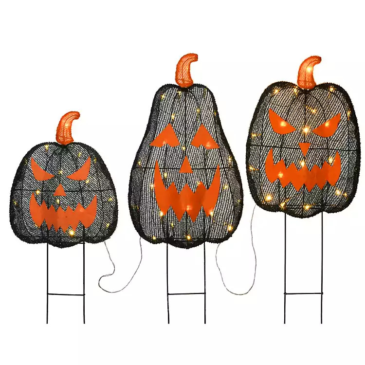 Pre-Lit Black Pumpkin Faces 3-pc. Yard Stakes | Kirkland's Home