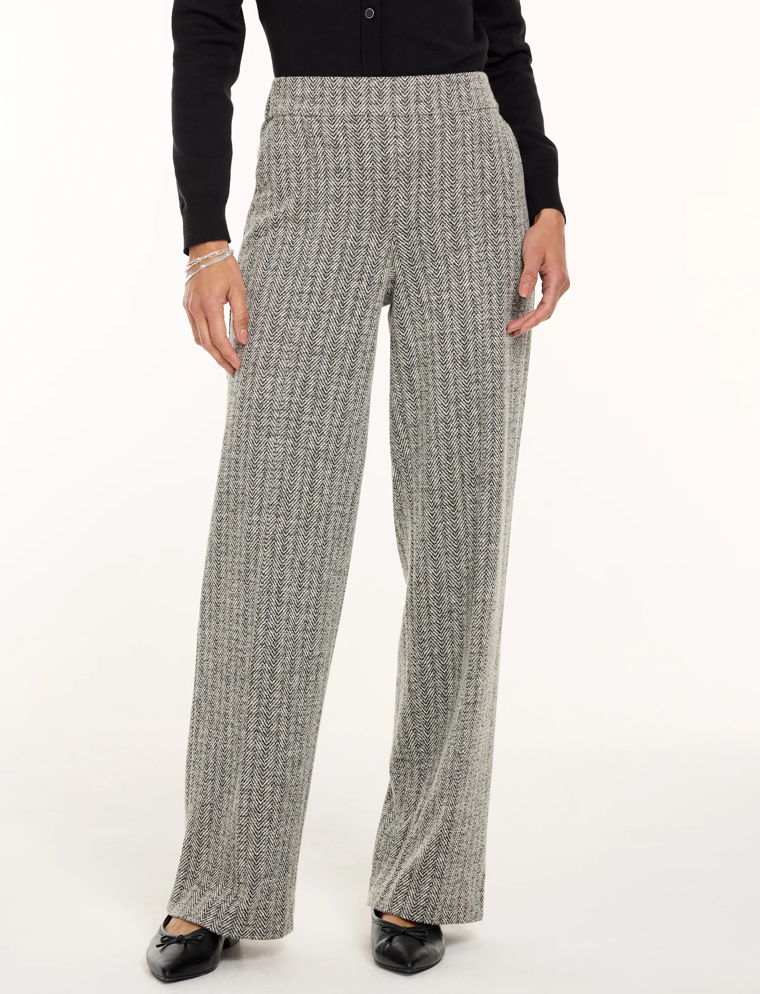 Wide Leg Pull-On Pants - Herringbone Jacquard - Black/Ivory - Large Talbots | Talbots