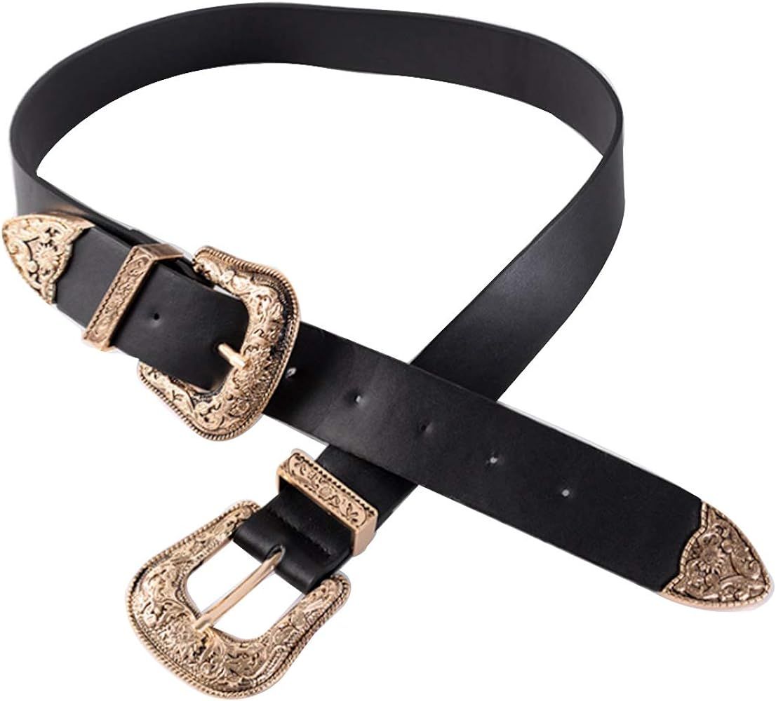 Van Caro Women Wild double buckle belt - Genuine Western Leather Belts for Pants Dresses | Amazon (US)