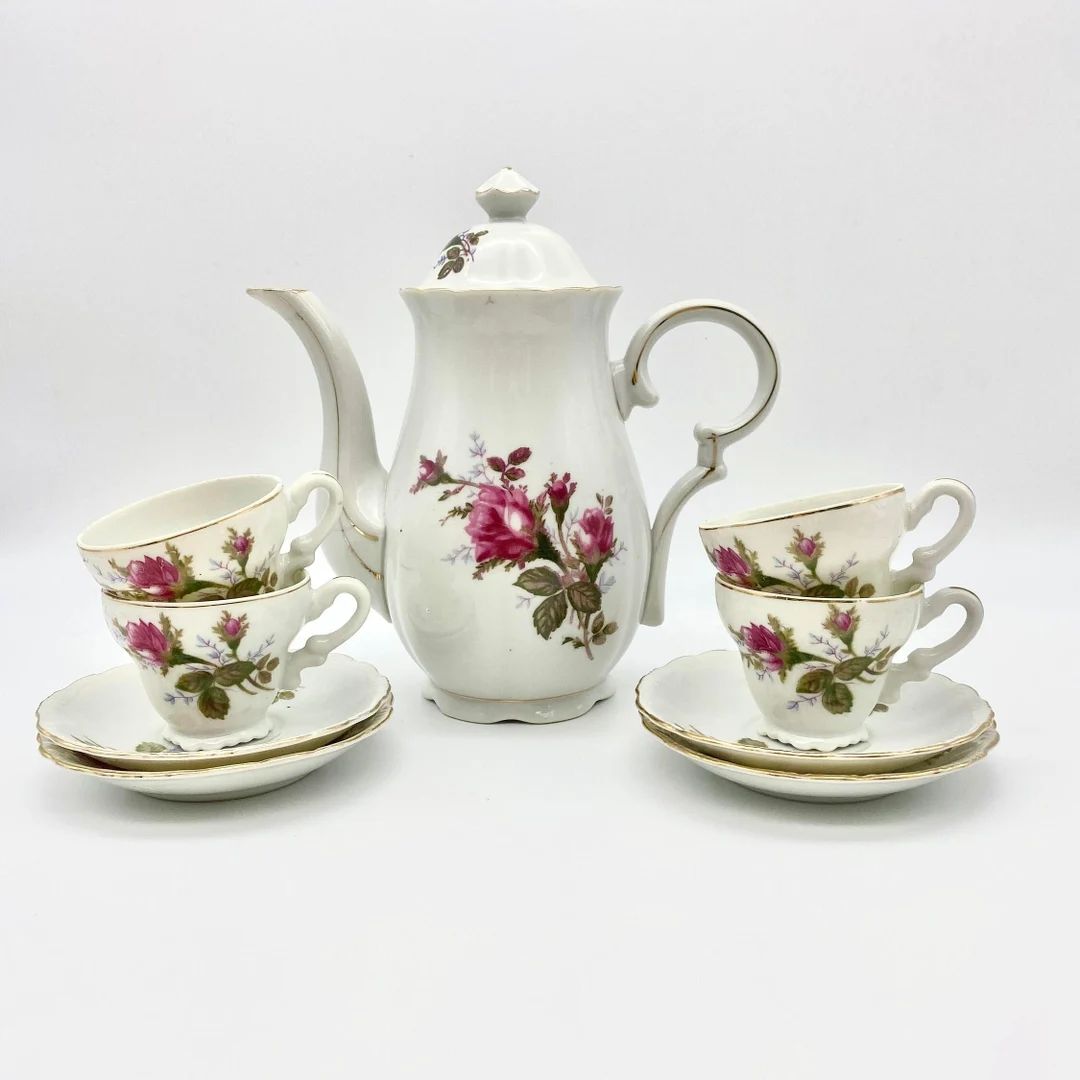 Vintage Floral China Teapot Set, Set of 4 Pink Rose Teacups Saucers and Teapot | Etsy (US)