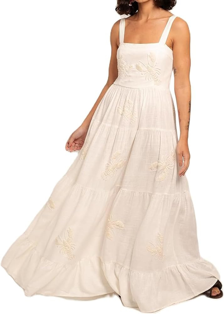 Women Embroidered Maxi Dress Sleeveless Smocked Flowy Sundress Boho Summer Long Dresses Beach Voc... | Amazon (US)