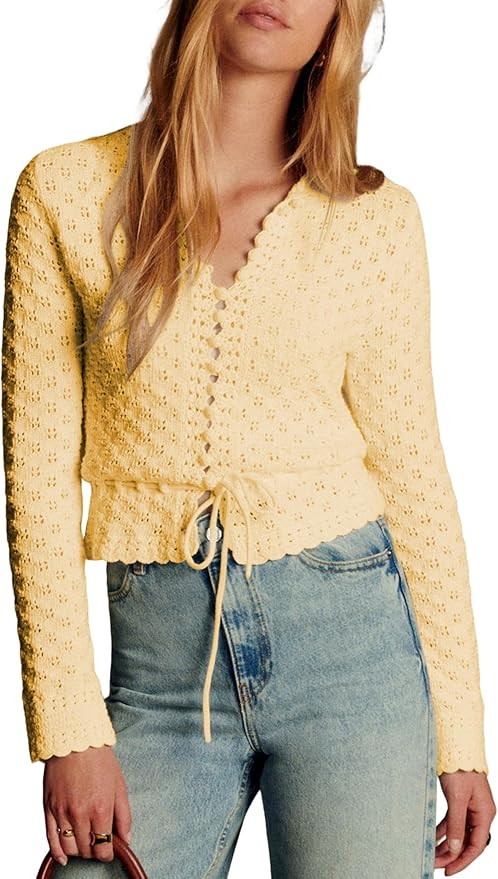 Bianstore Womens Casual Long Sleeve Crewneck Crochet Cardigan Lightweight Hollow Out Tie Front Kn... | Amazon (US)