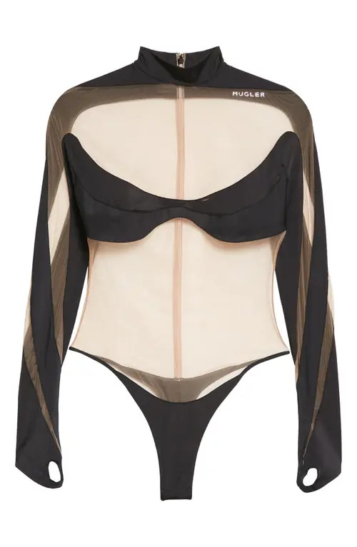 MUGLER Illusion Inset Long Sleeve Bodysuit in Black Nude 2 at Nordstrom, Size 6 Us | Nordstrom