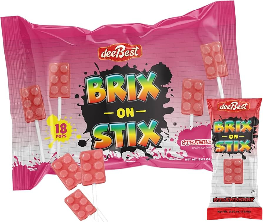 Brix On Stix | Brick Building Party Lollipop Suckers | Strawberry Pink Fruit Flavors Candy | 18 C... | Amazon (US)