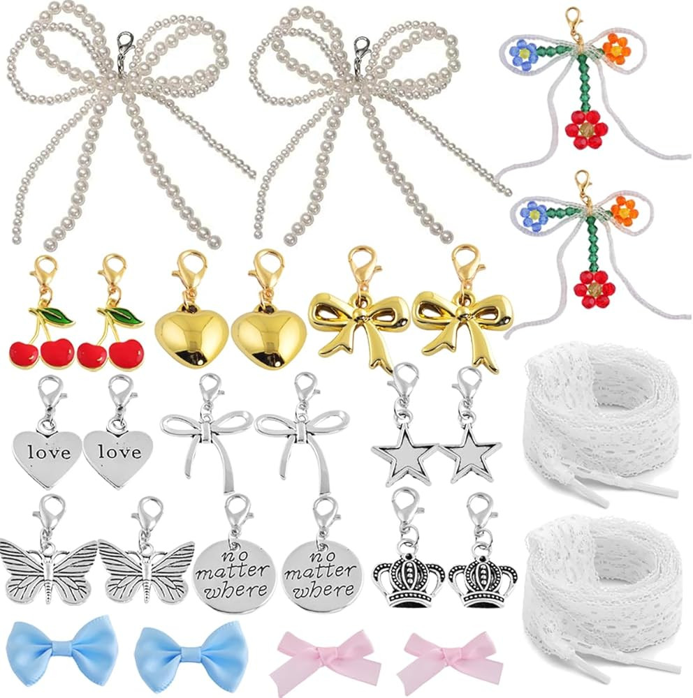 Shoe Charms for Sneakers Kit 28pcs Pearl Bowknot Lace Shoe Laces Jewelry Charms with Lobster Clas... | Amazon (US)