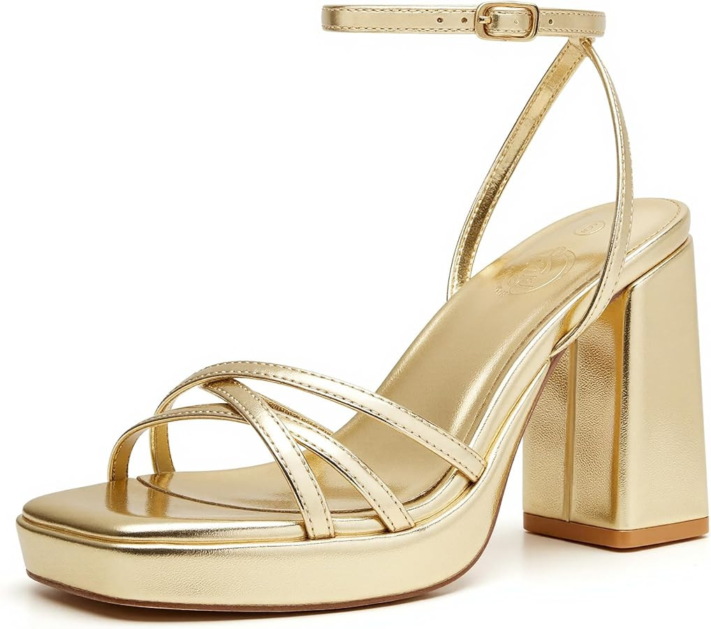 Trary Gold & White Heels - Square Toe, 3 inch Platform, Strappy & Block Heels for Wide Feet, Ankl... | Amazon (US)