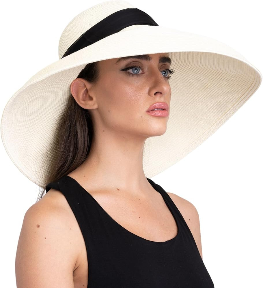 MIU Audrey Hepburn Hat for Women - Wide Brim, Adjustable, 100% White Straw Hat - Perfect for Beac... | Amazon (US)