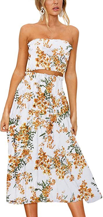 Angashion Women's Floral Crop Top Maxi Skirts Set 2 Piece Outfit Dress | Amazon (US)