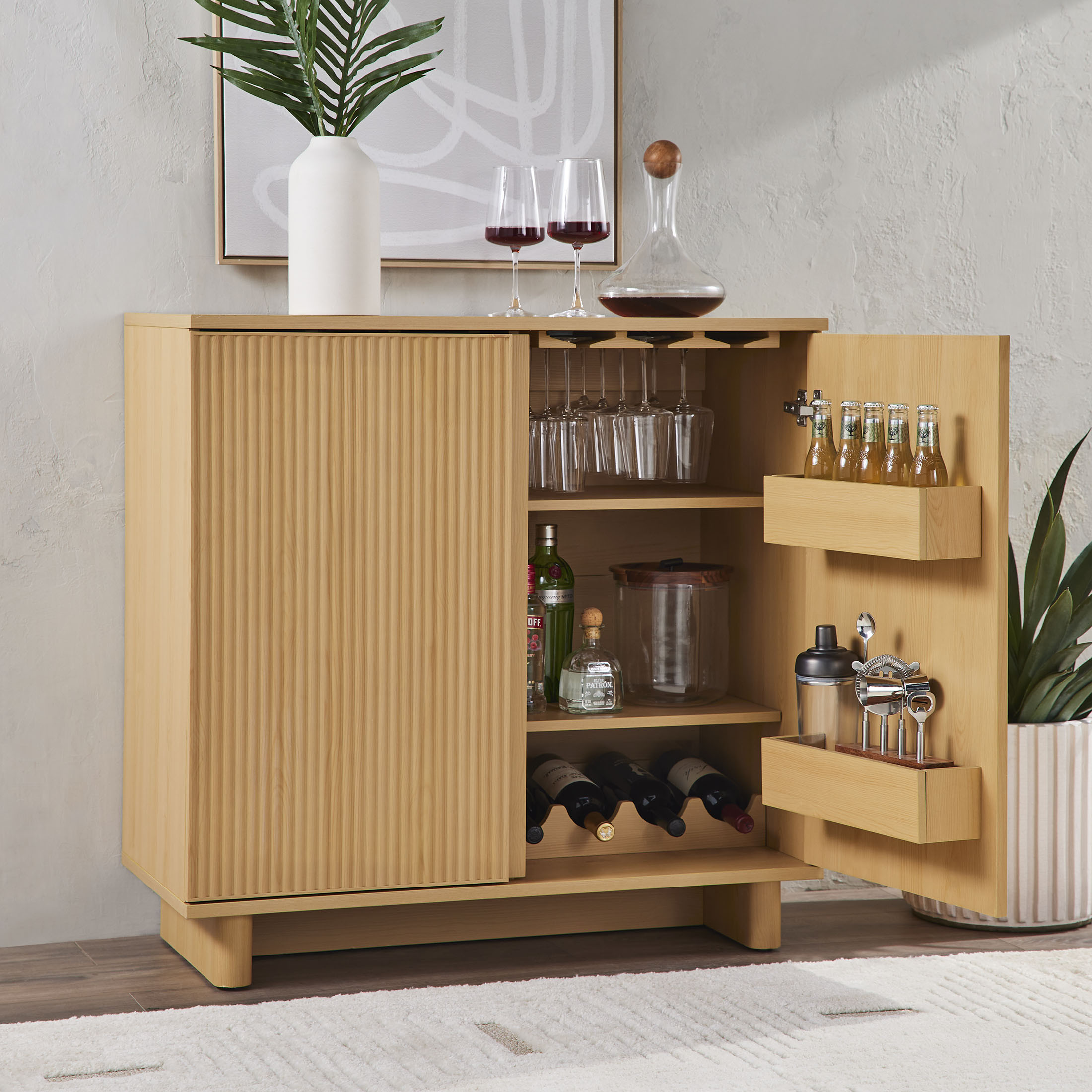 Better Homes & Gardens Lillian Fluted Bar Cabinet, Natural Pine Finish | Walmart (US)