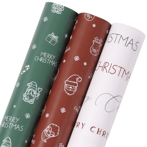 Netnology Christmas Wrapping Paper Roll - Red Green White Gift Wrapping Paper for Xmas,Birthday,Seasonal Winter Holiday Party - 3 Mini Roll -17in x 120in Per Roll(42.3 sqft) | Amazon (US)