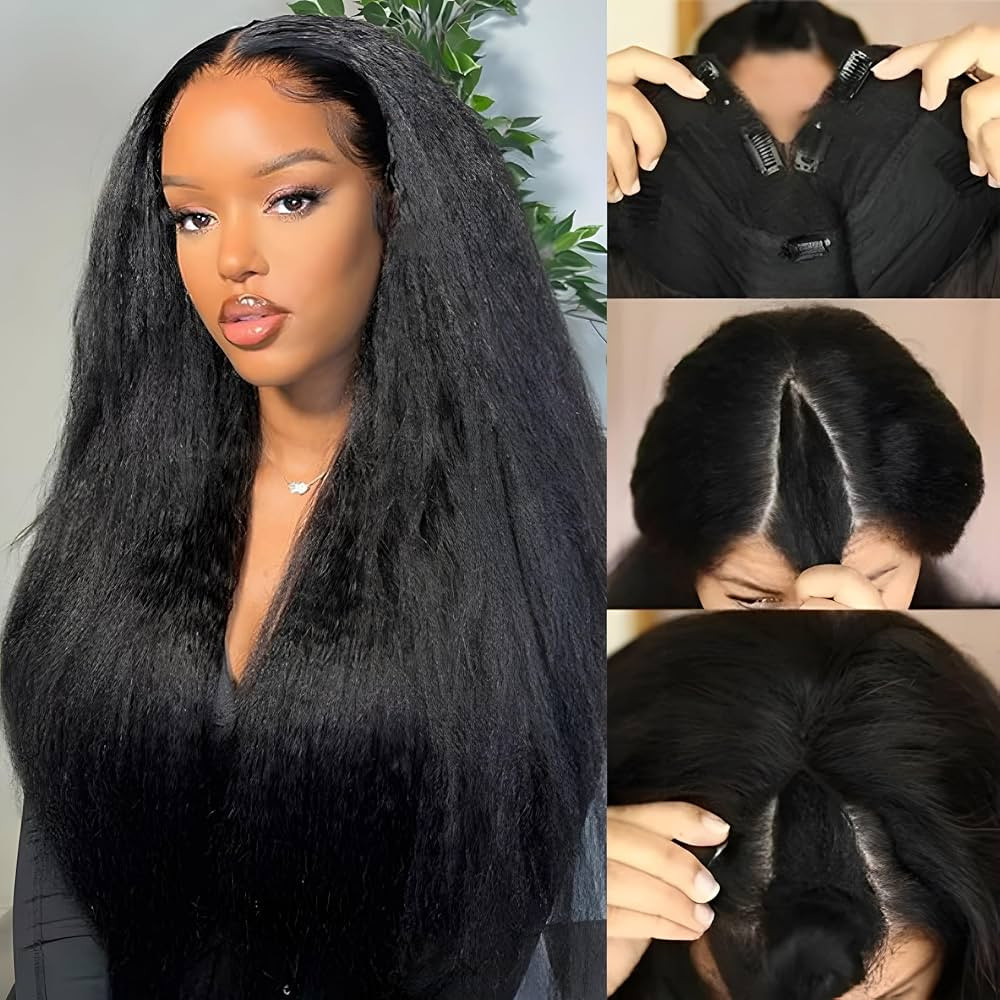 Kinky Straight V Part Wig Human Hair 24 inch Upgrade U Part Wig Yaki Straight Clip in Half Wigs f... | Amazon (US)