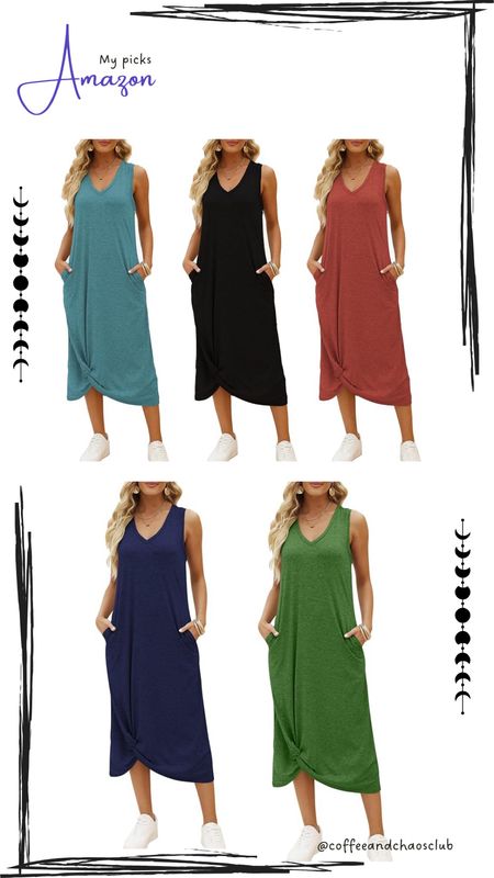 DEEP SELF Women's Casual V Neck Twist Knot Front Sleeveless Long Dress Summer Beach Tank Ankle Length Dresses with Pockets