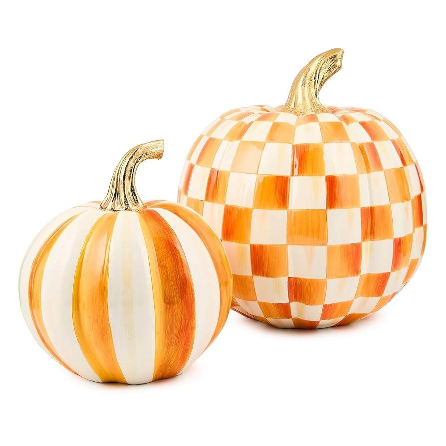 MACKENZIE-CHILDS Set of 2 Pumpkins, Resin Halloween and Fall Decor, Small and Medium, Orange-and-... | Amazon (US)