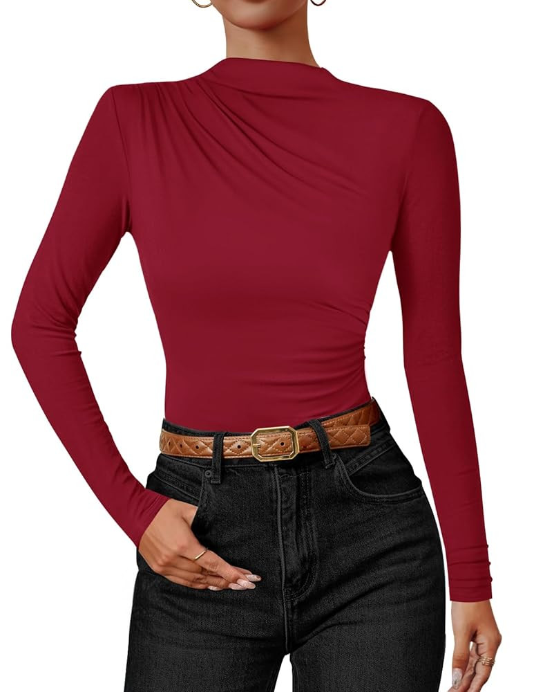 ZESICA Women's Long Sleeve Tops Mock Neck Ruched Tight Shirts 2025 Fall Trendy Outfits | Amazon (US)