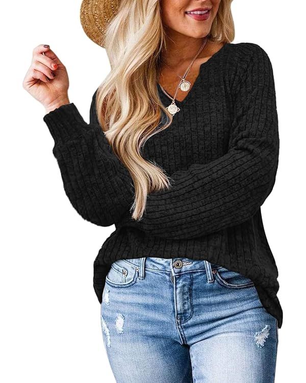 Sweaters for Women Long Sleeve V Neck Shirts Loose Casual Fashion Tops | Amazon (US)