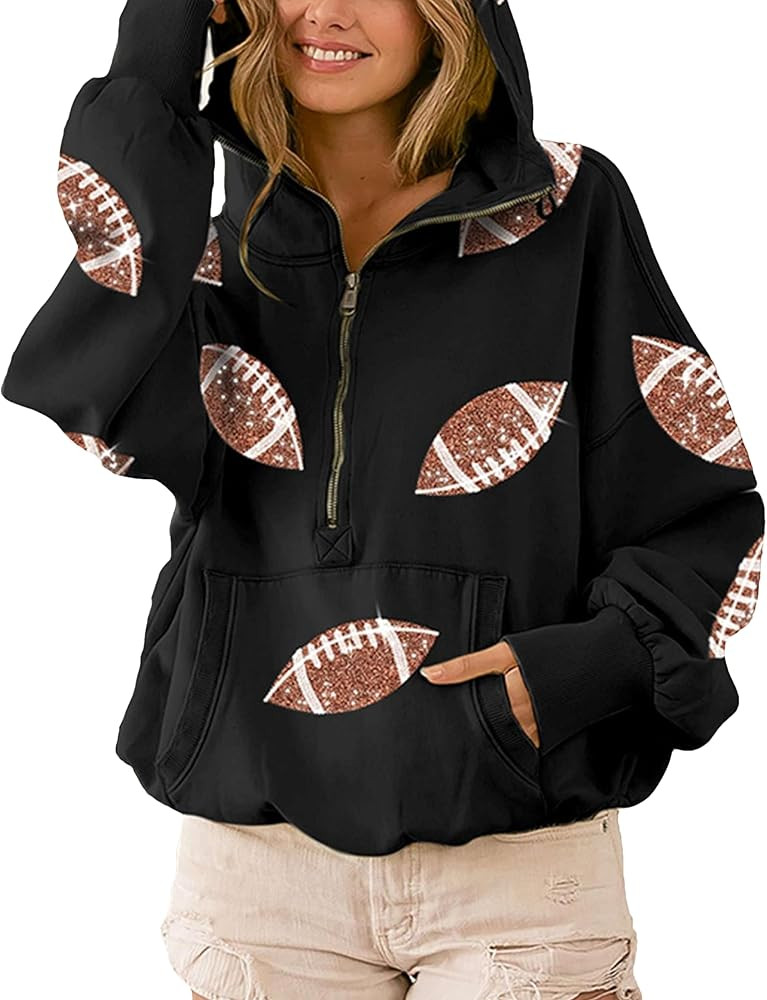Women Half Zip Hoodies Pullover Rugby Football Sequin Patchwork Sweatshirts Fall Outfits Tops | Amazon (US)