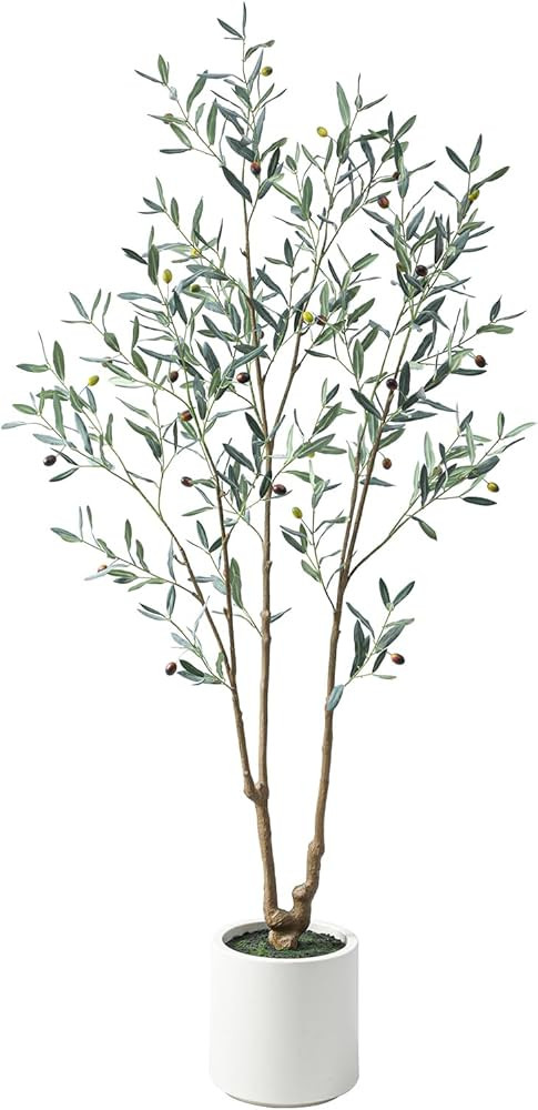 Realistic Faux Olive Tree 6ft with 3D Leaves & Multi-Stage Olives in Decorative White Planter, Na... | Amazon (US)