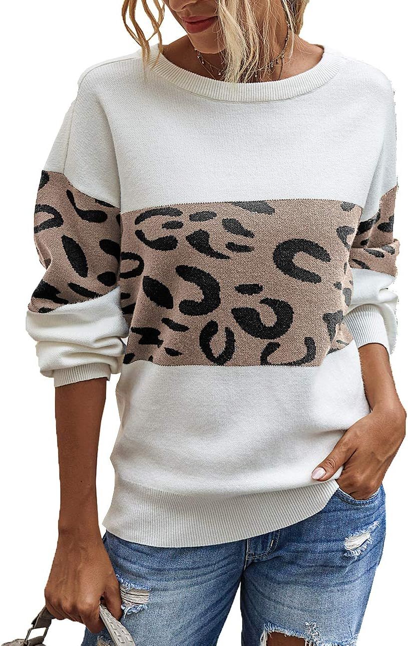 PRETTYGARDEN Women’s Casual Long Sleeve Off Shoulder Knitted Sweater Leopard Print Color Block ... | Amazon (US)