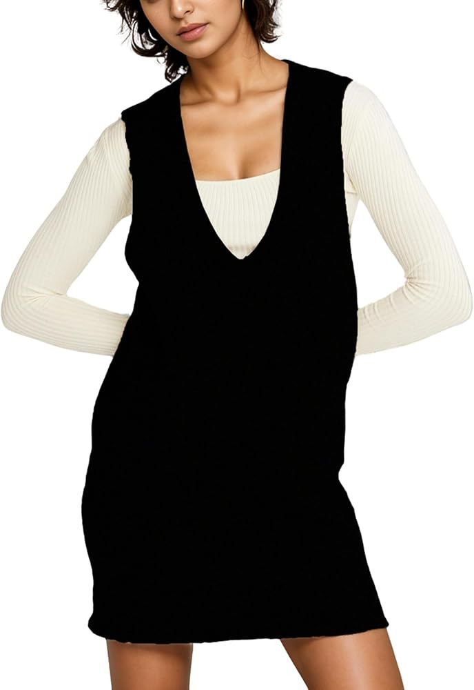 Women’s Sweater Vest Dress V Neck Sleeveless Knit Pullover Pinafore Mini Dress with Pockets | Amazon (US)