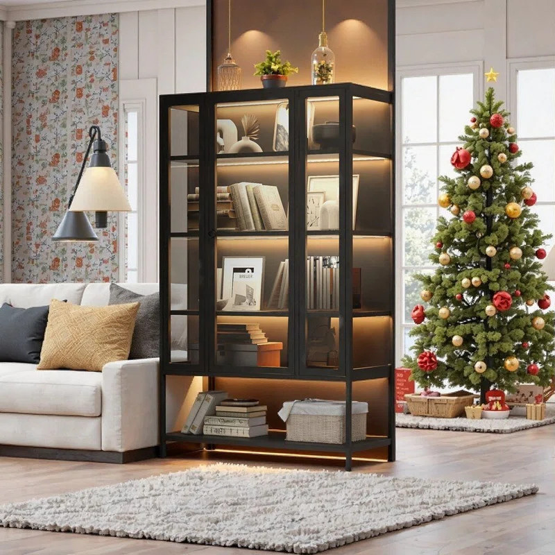 Rosala Iron And Tempered Glass Bookcase Display Cabinet With LED Lighting, Adjustable Shelves | Wayfair North America