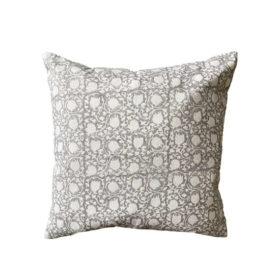 Large Grey Floral Block Print Cushion Square - Etsy UK | Etsy (UK)