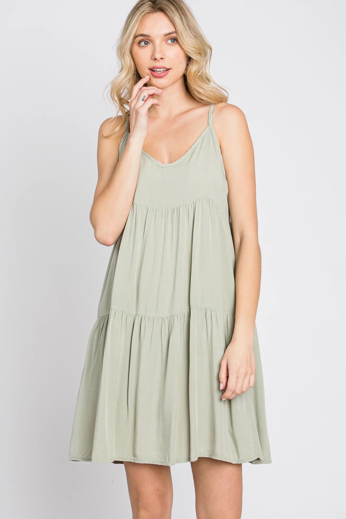 Light Olive Tiered Mini Dress | PinkBlush Maternity