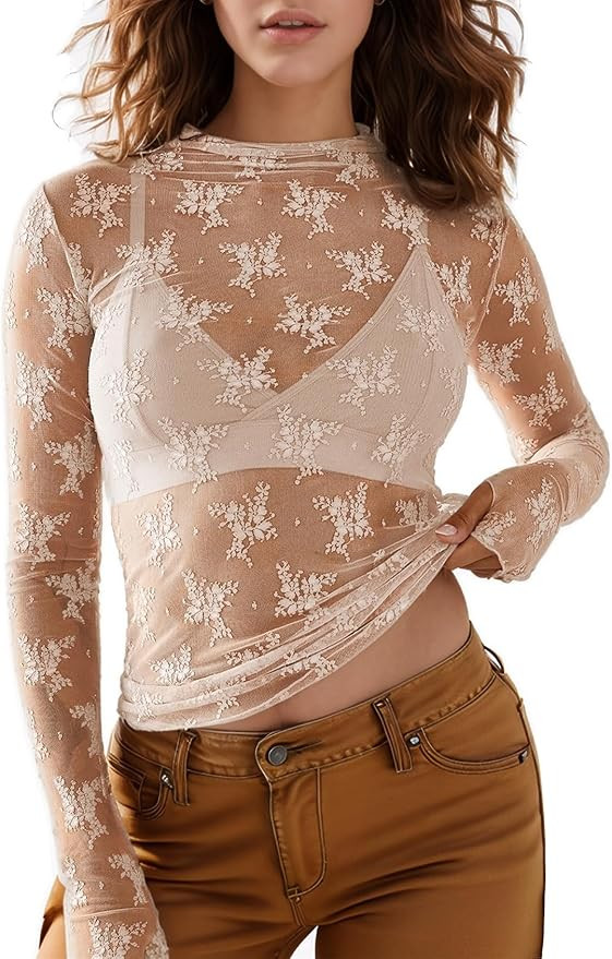 Wyeysyt Lace Tops for Women, Mesh Top Long Sleeve Floral Lace Blouse, Sheer Mesh Mock Neck Layeri... | Amazon (US)