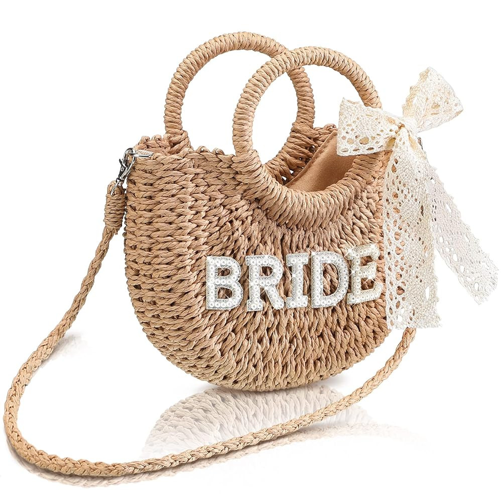 Pinkunn Bride Gift Bride Straw Purse Mrs Handwoven Bag Rhinestone Letter Bag Bachelorette Honeymo... | Amazon (US)
