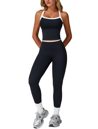 2 Piece Workout Sets for Women Seamless Straps Cross Back Tank Tops Matching High Waist Tummy Control Leggings Set Clothes Womens Two Piece Athletic Set Gym Wear Active Yoga Outfit Colorblock Black M | Amazon (US)